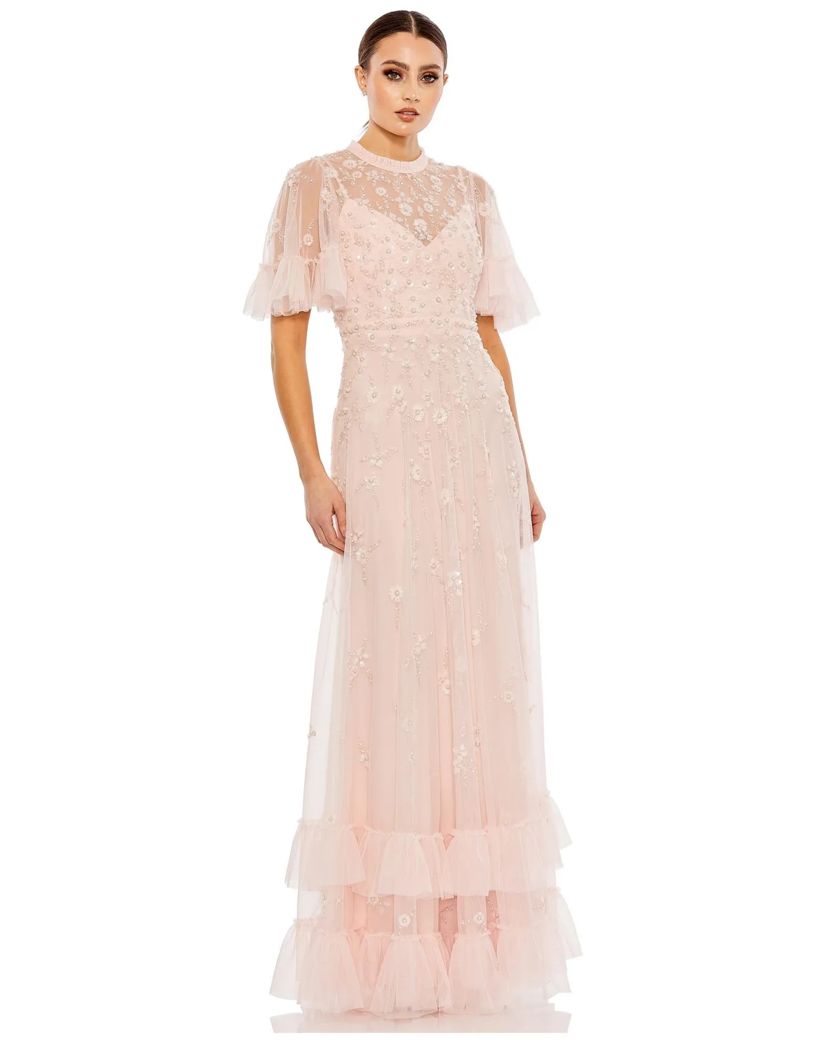 Mac Duggal Ruffled Floral Embellished Flutter Sleeve a Line Gown