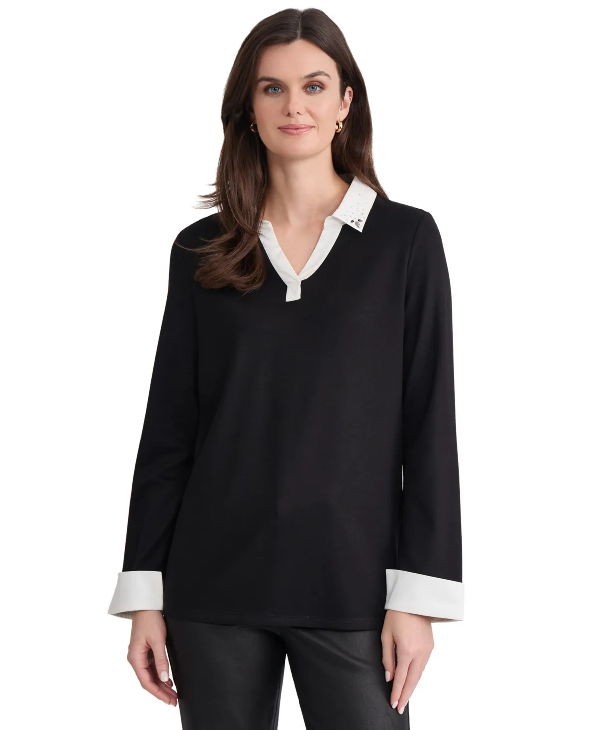 Serenity Long-Sleeve Collared Poplin-Trim Blouse by Jones New York