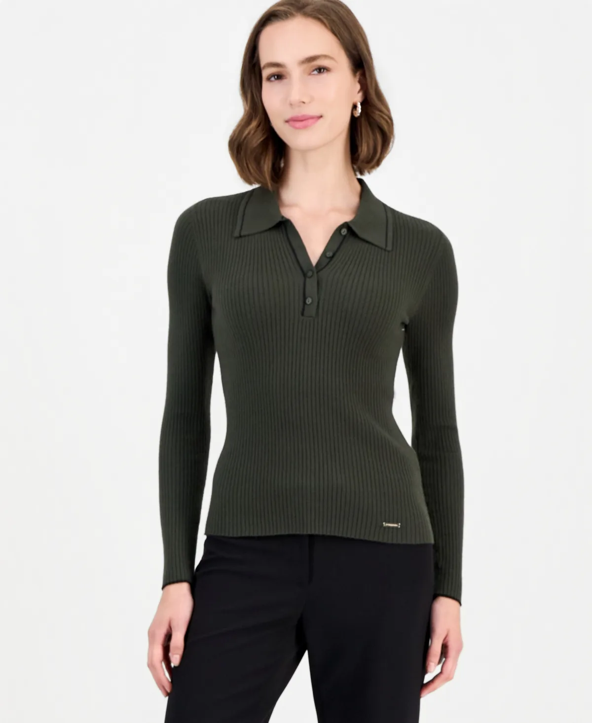 Long-Sleeve Ribbed Polo Sweater by Tahari