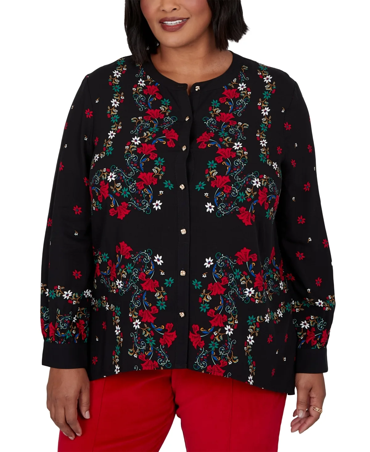 Floral-Print Long-Sleeve Button-Front Blouse by Ruby Rd