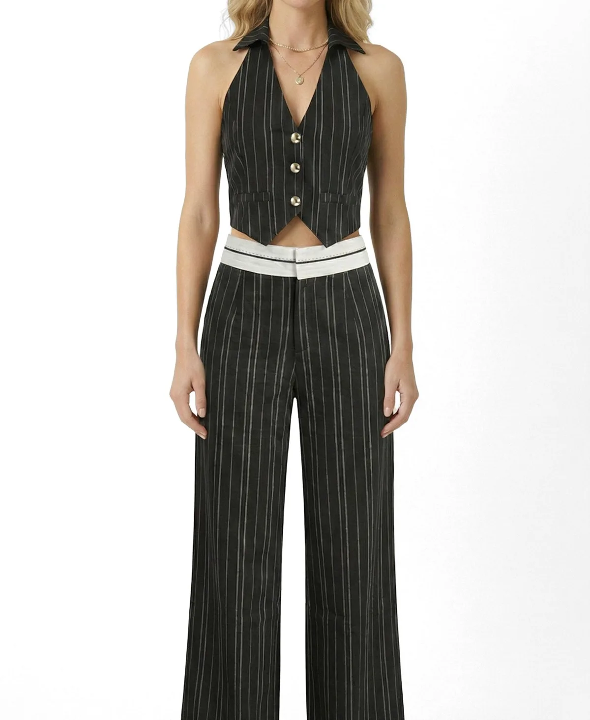 Pinstripe Halter Vest and Wide-Leg Pants, 2-Piece Set by Modenaire