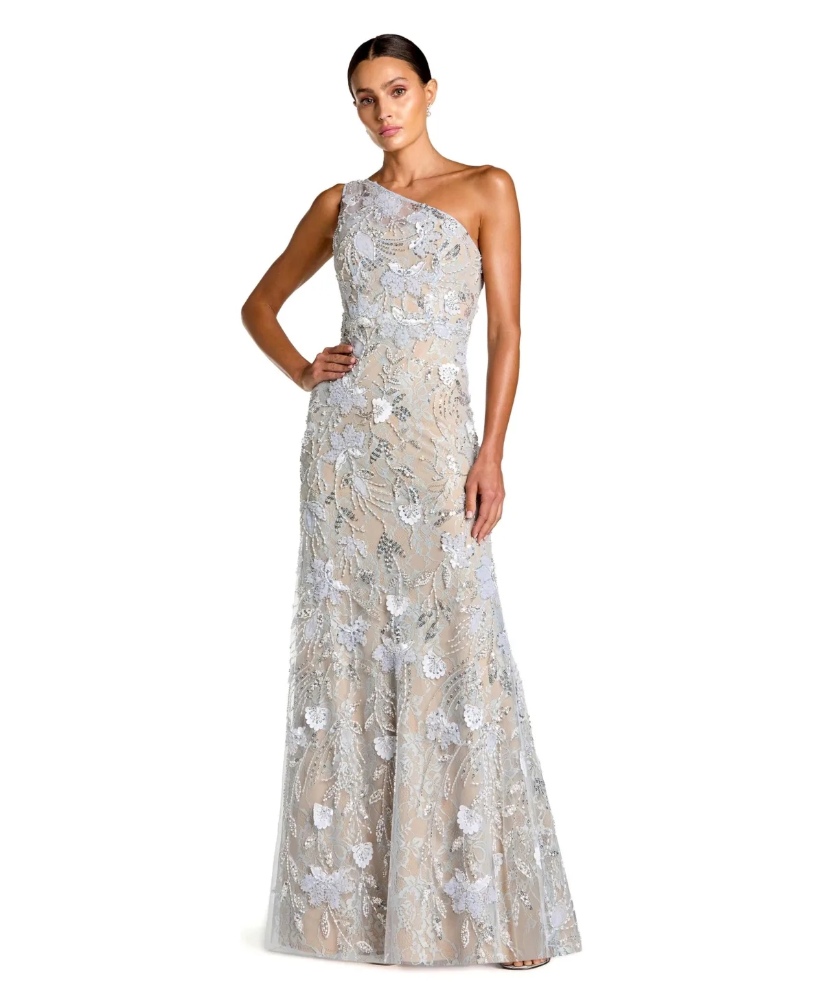 Mac Duggal One-Shoulder Floral Sequin Mesh Gown by M.A.C.