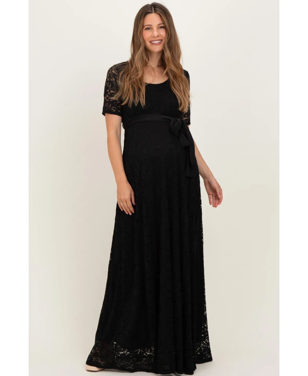 Maternity Lace Empire-Waist Sash-Tie Scoop-Neck Gown by PinkBlush