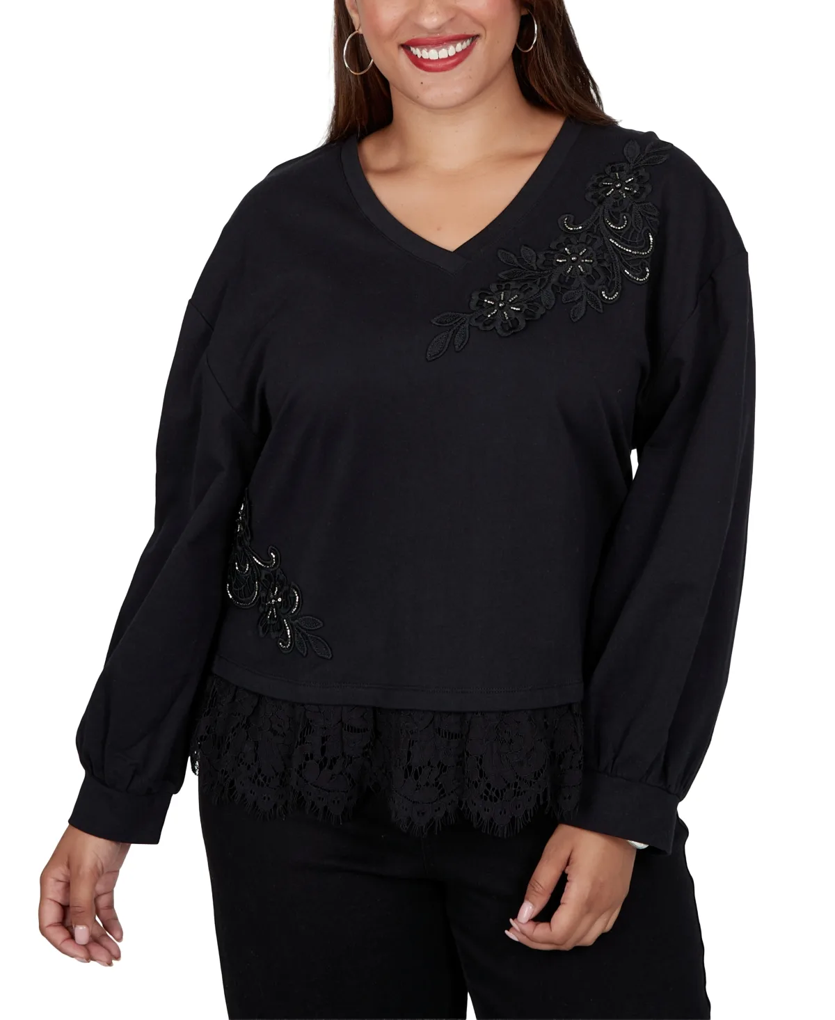 V-Neck Long-Sleeve Lace-Trim Pullover by Ruby Rd