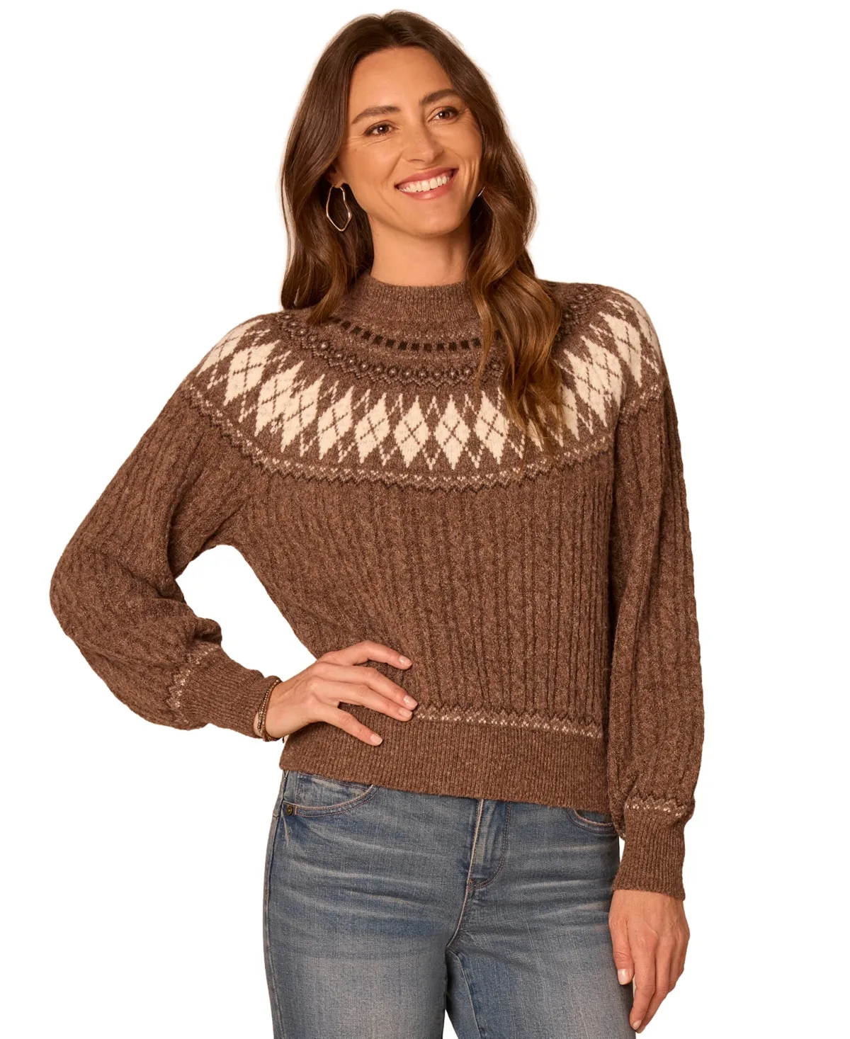 Fair Isle Mock Neck Cable-Knit Sweater by Democracy