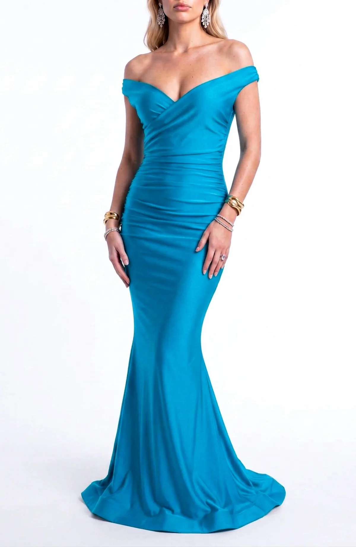 Ruched Off-the-Shoulder Mermaid Gown by Jessica Angel