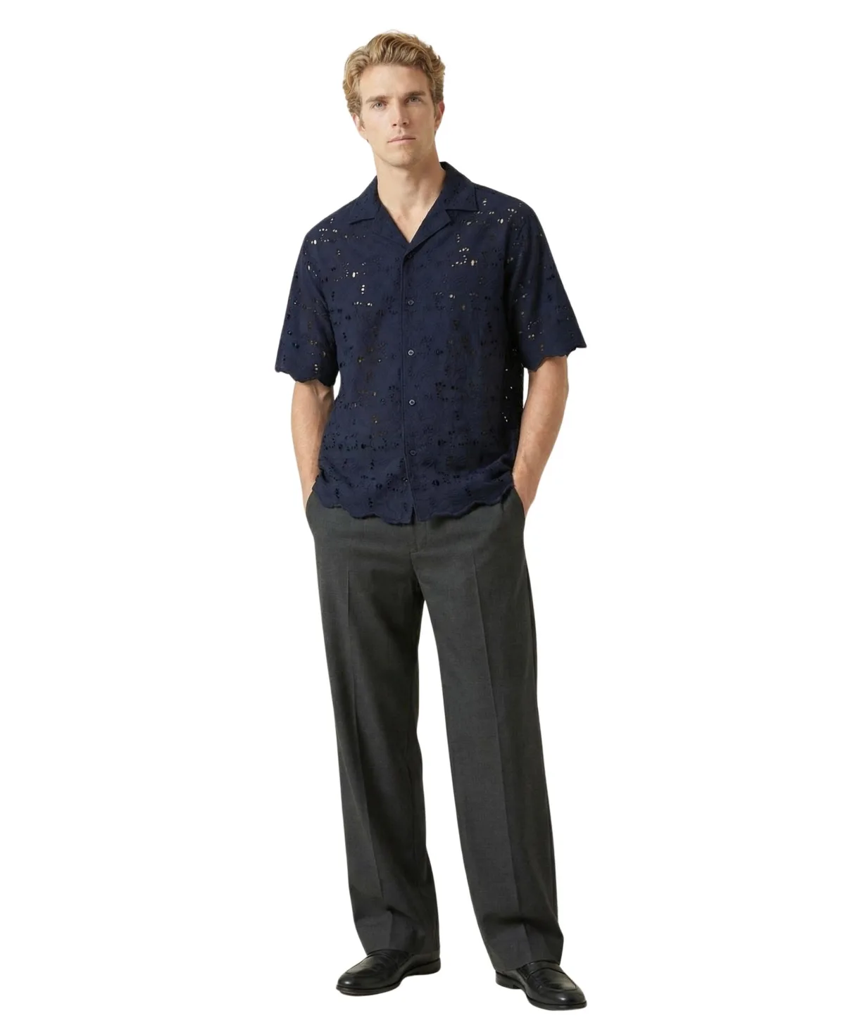 Textured Openwork Short-Sleeve Shirt by Modenaire