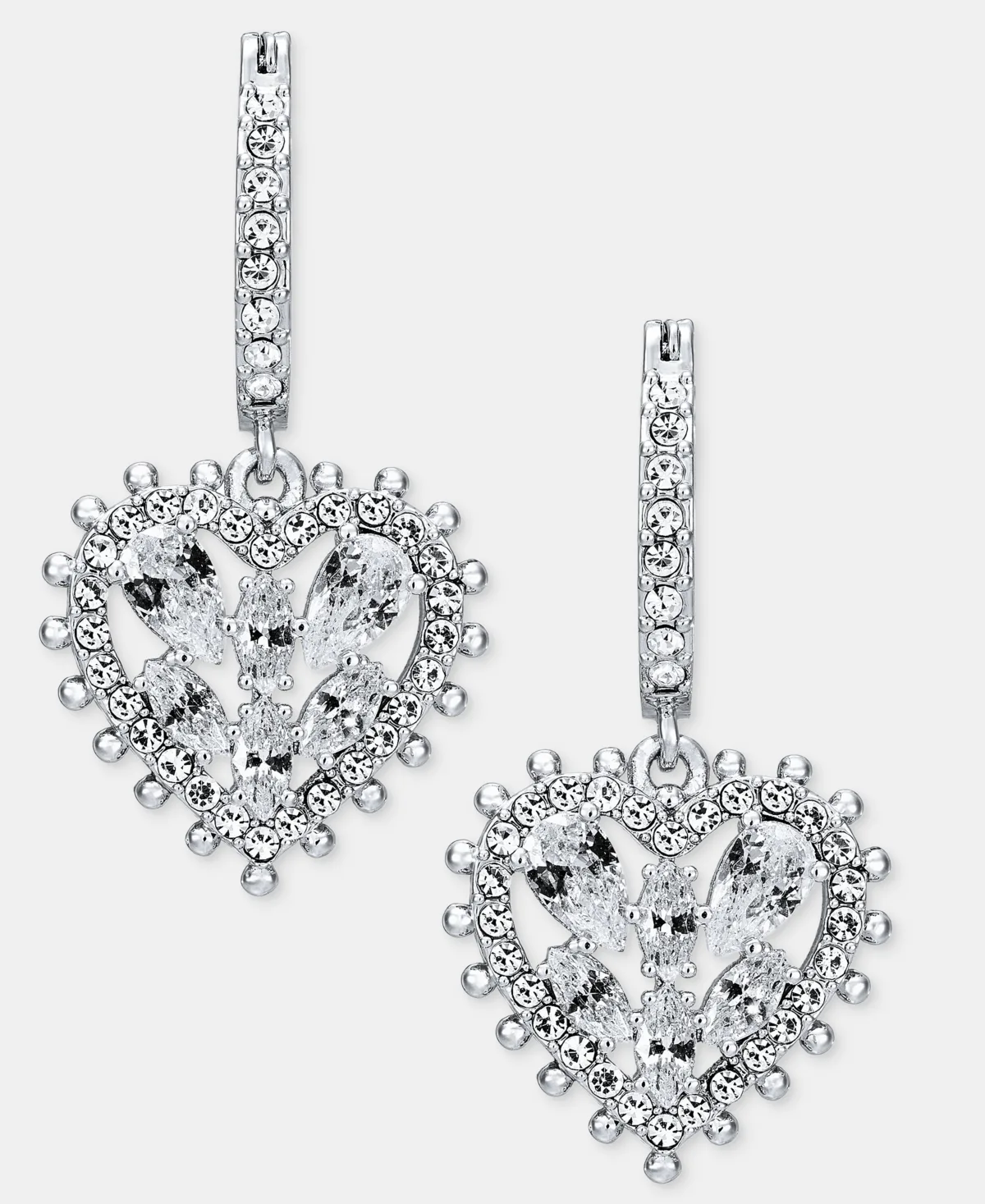 Silver-Tone Cubic Zirconia and Crystal Heart Hoop Drop Earrings