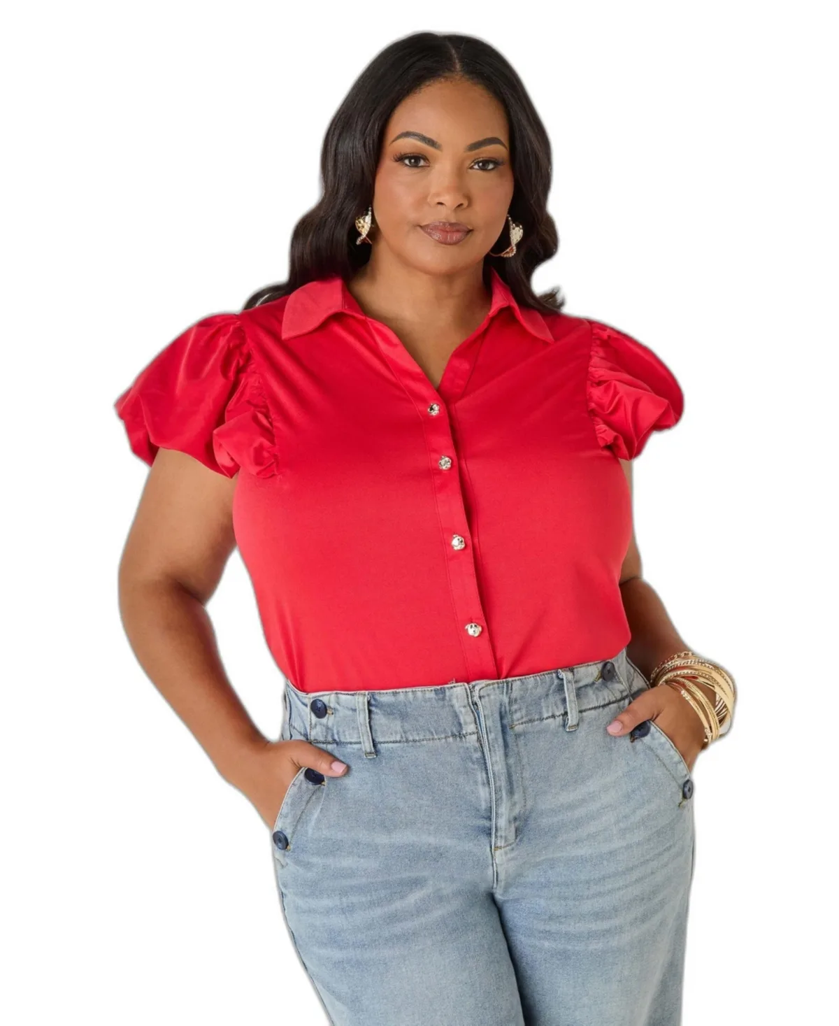 Puff Sleeved Paneled Shirt by Ashley Stewart