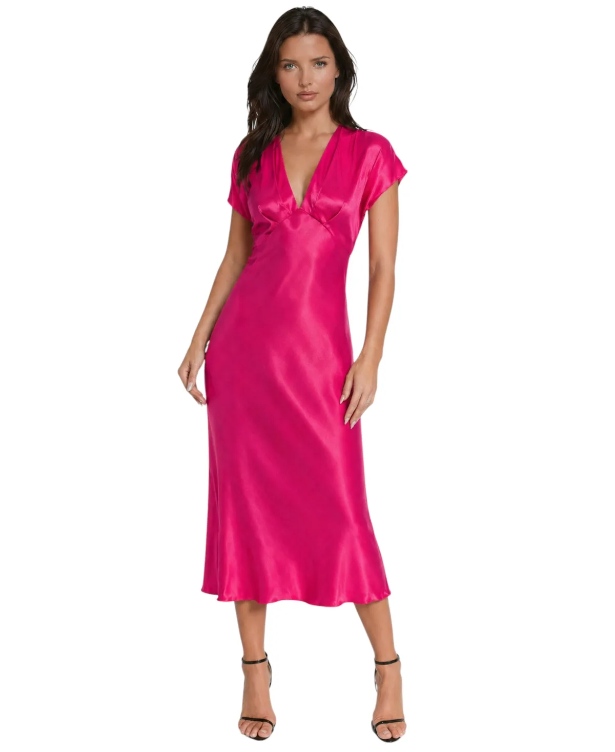 Satin V-Neck Cap-Sleeve Maxi Dress by bebe