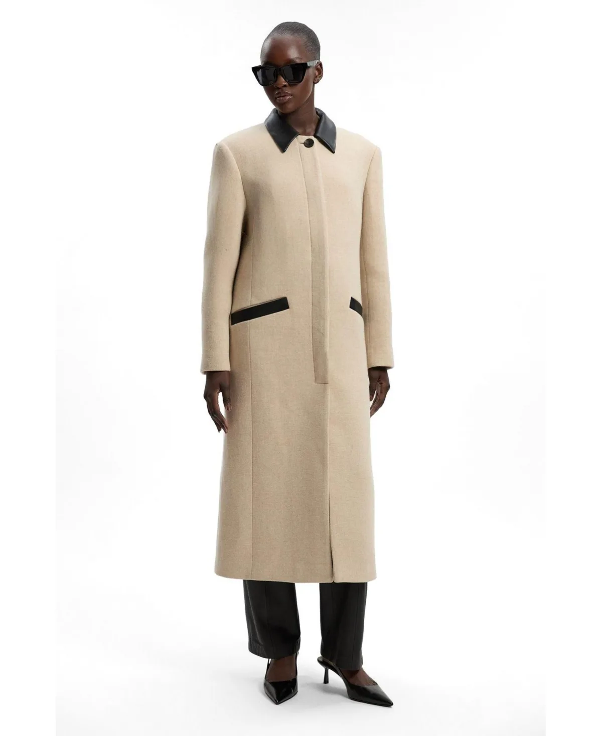 Wool Pu Mix Tailored Midi Coat by Karen Millen