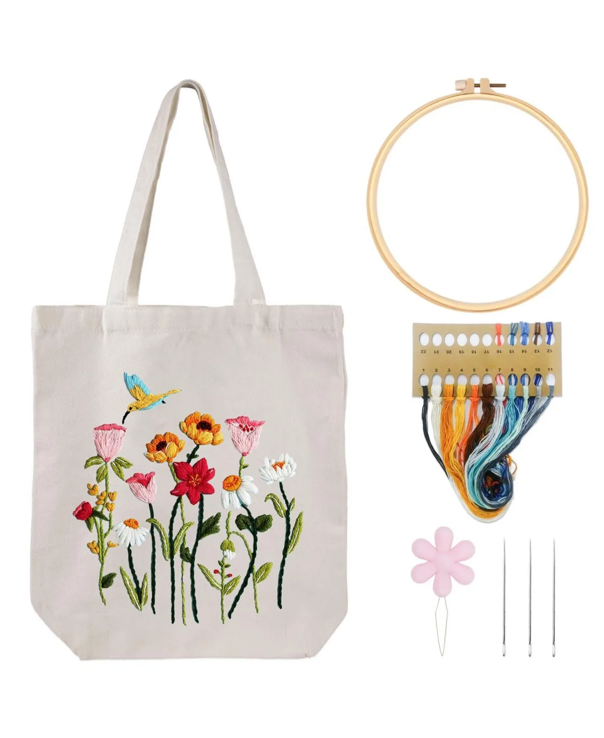 Beginner Friendly Hummingbird Embroidery Kit Canvas Tote Bag by Aeelike