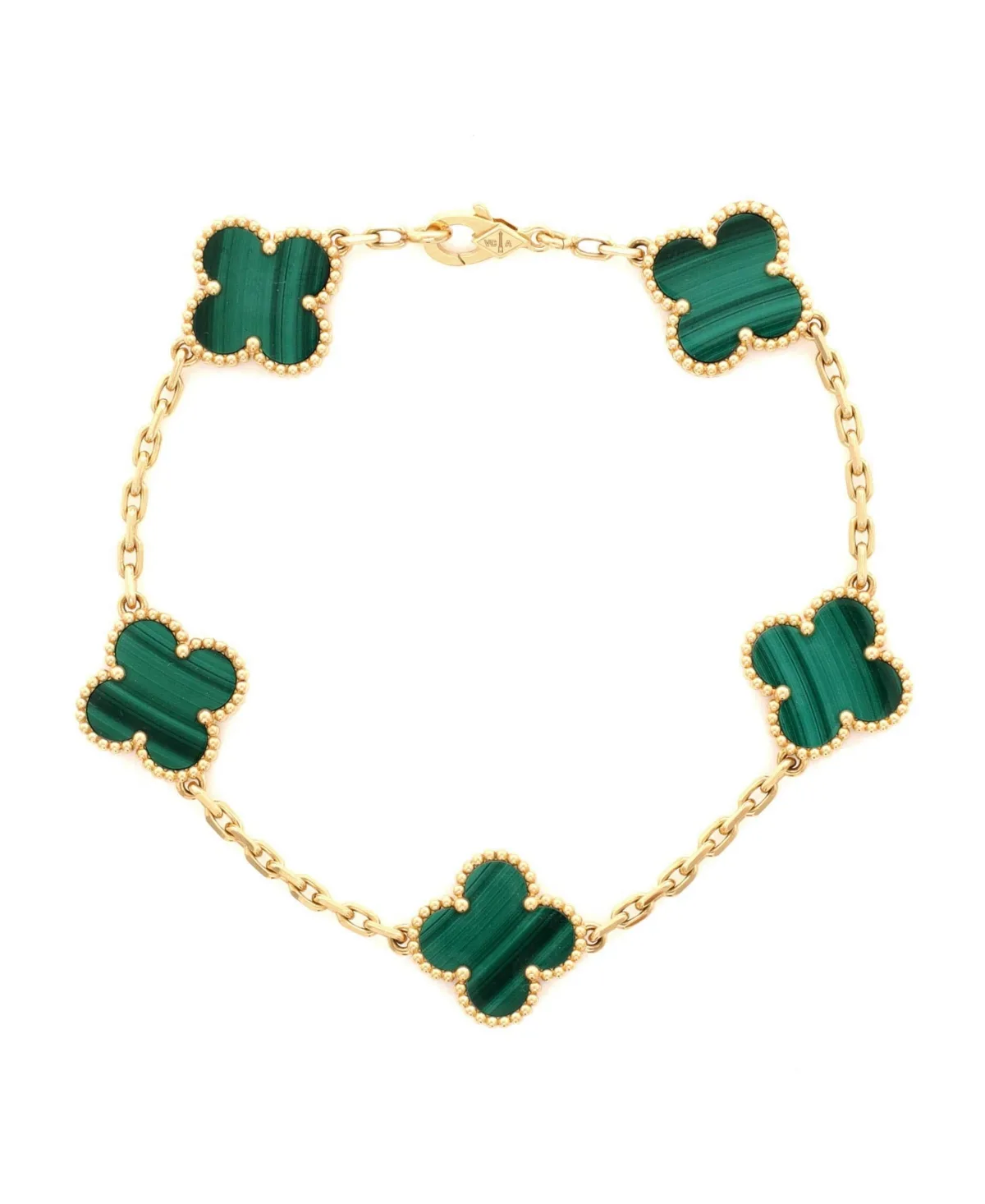 Pre-Owned Van Cleef & Arpels Vintage Alhambra 5 Motifs Malachite Bracelet in 18k Yellow Gold by Pre Owned Van Cleef & Arpels