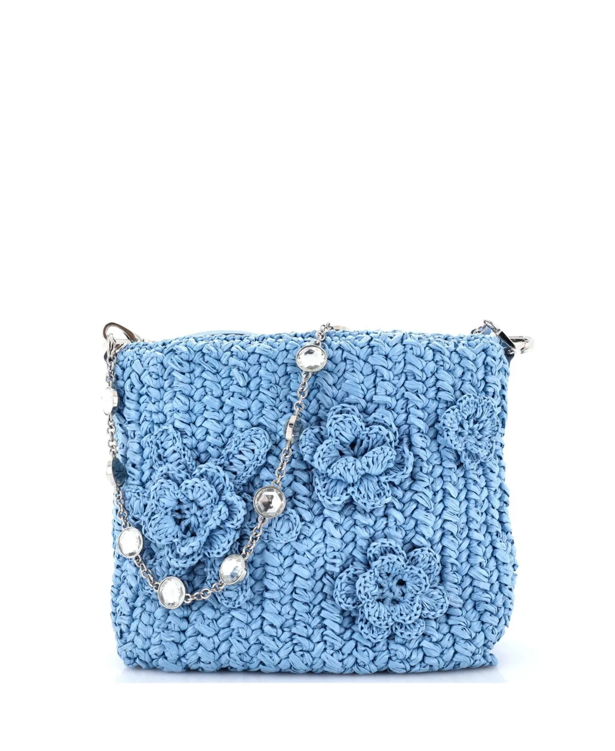 Pre-Owned Flower Crystal Chain Shoulder Bag Woven Raffia by Miu Miu