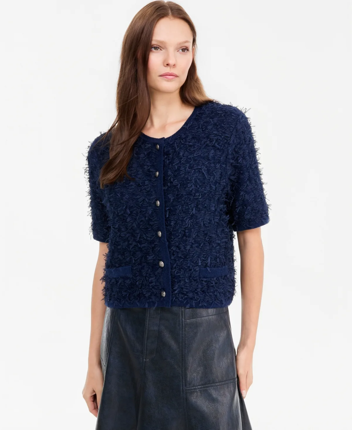 Mabel Short-Sleeve Crewneck Eyelash-Knit Cardigan by Kobi Halperin