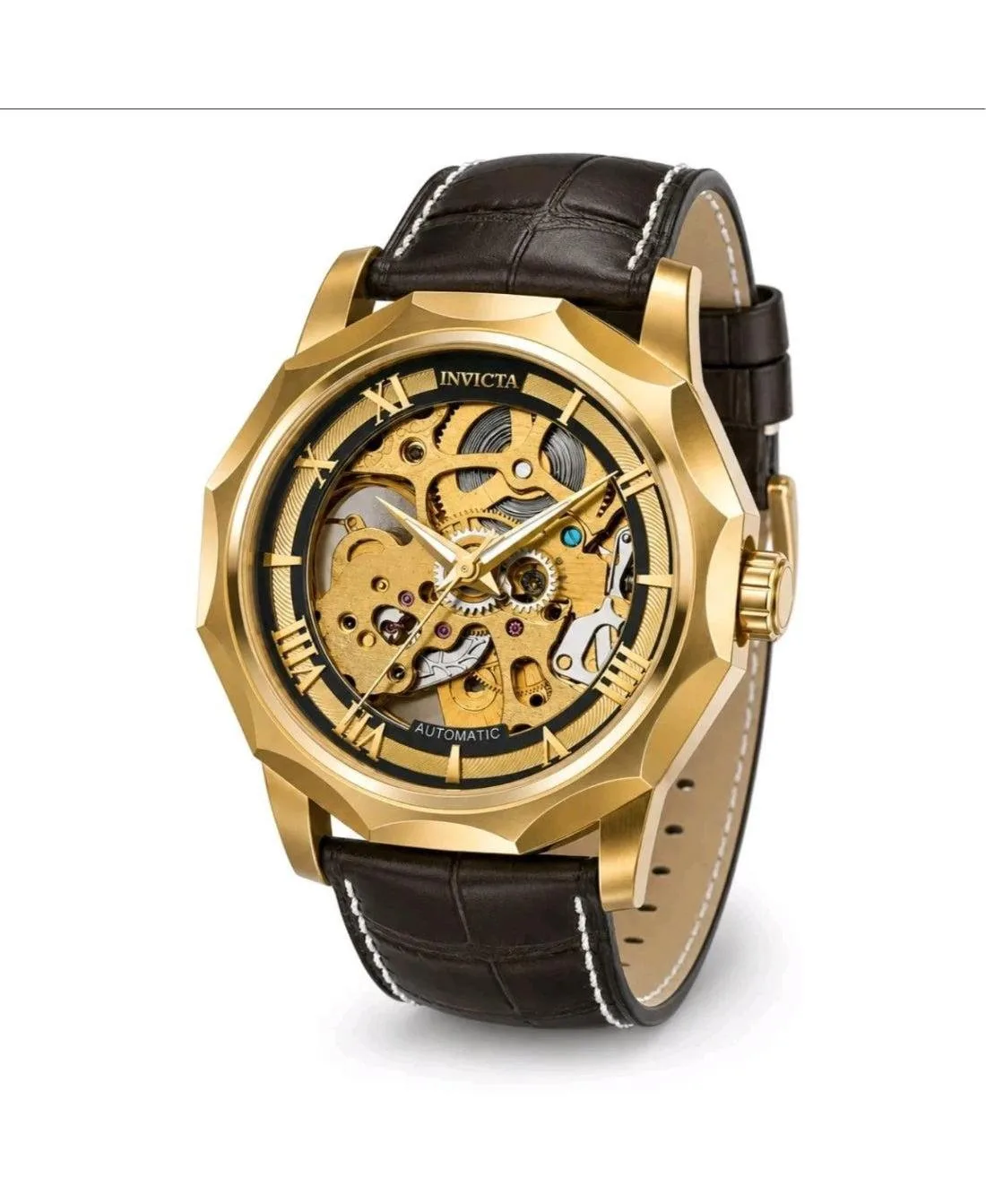 Automatic Water-Resistant Objet DArt Leather Band Watch, 42mm by Invicta