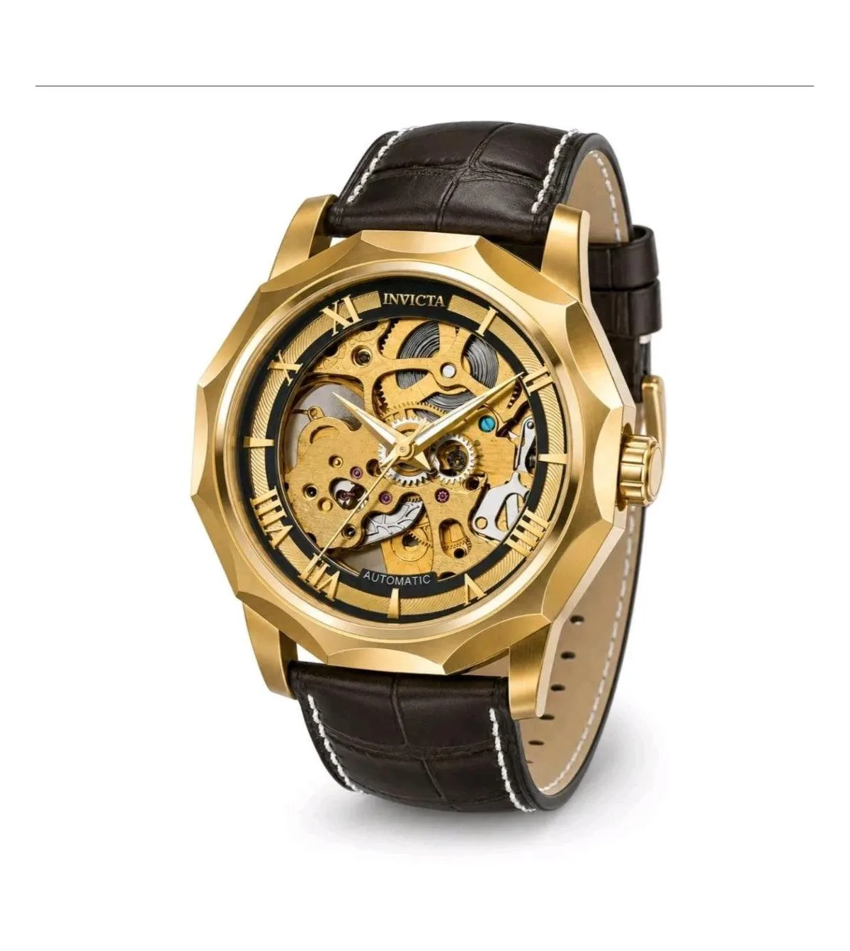 Automatic Water-Resistant Objet DArt Leather Band Watch, 42mm by Invicta