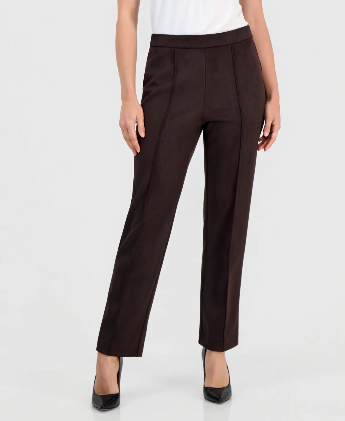 Essentials Faux Suede Pull-On Straight-Leg Pintuck Pants