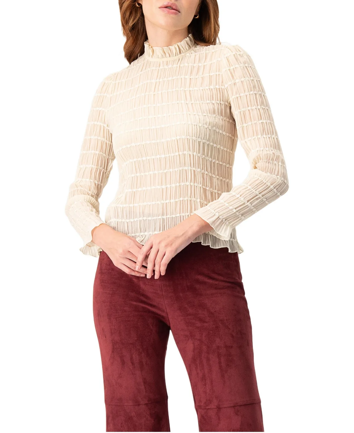 Textured Long Sleeve Blouse with High Neck by Ivonne