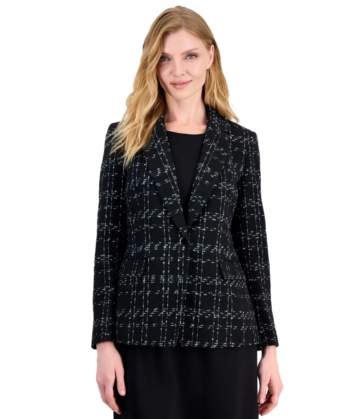 Plaid Notch-Collar One-Button Blazer by Kasper