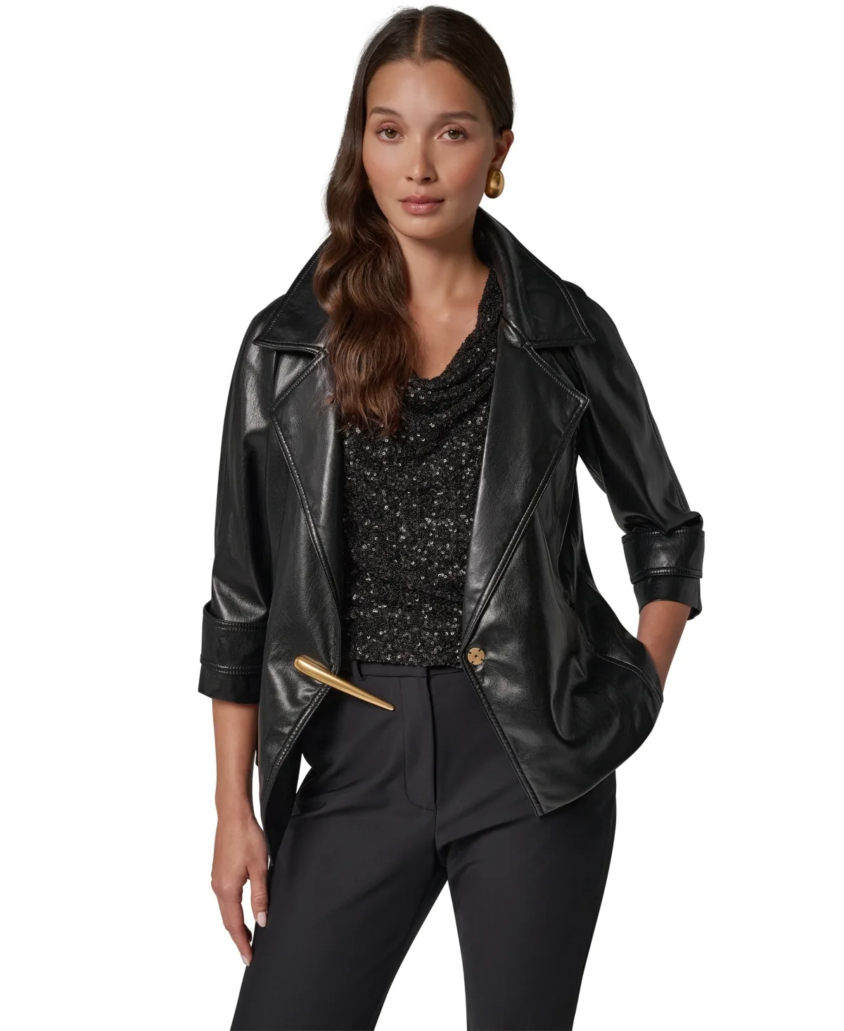 Faux Leather 3/4 Sleeve Gold-Tone Bar Hardware Jacket by Donna Karan New York