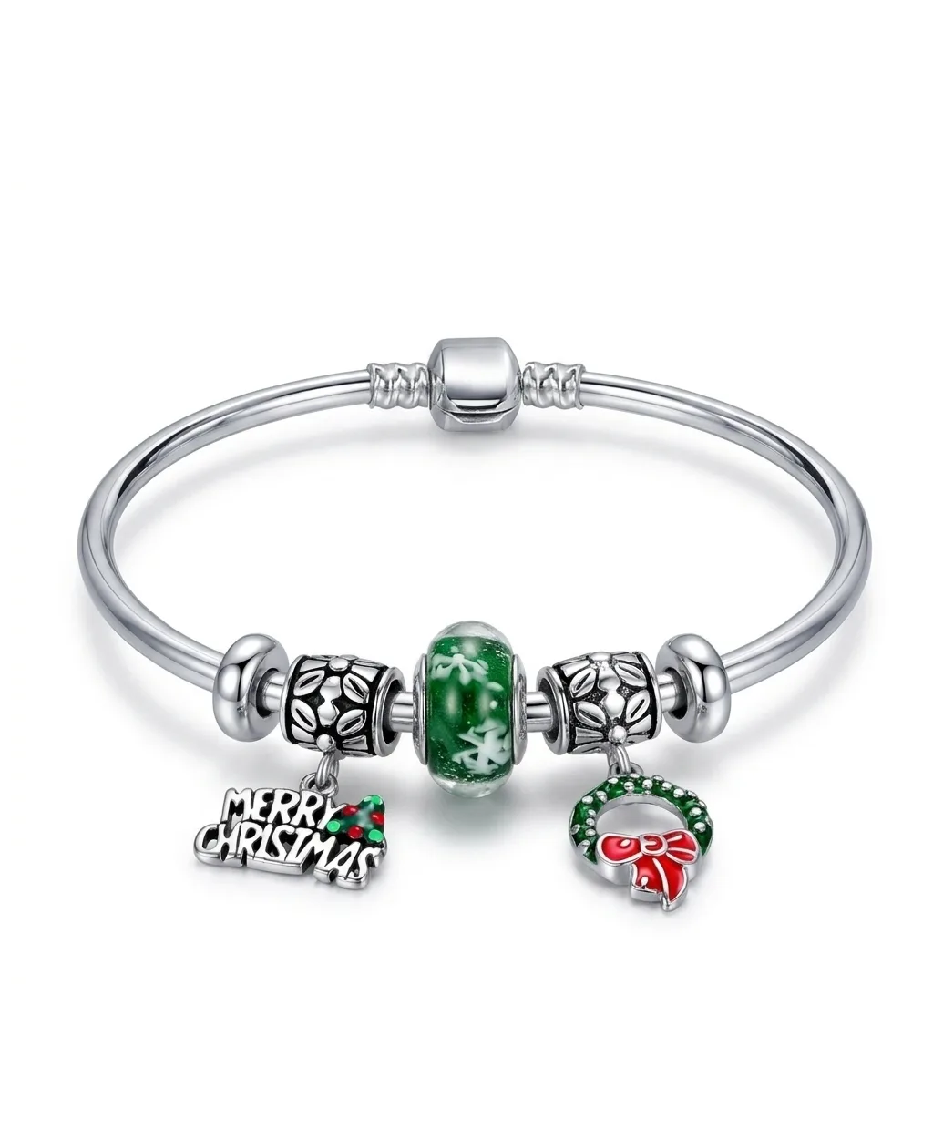 Sterling Silver Murano Glass Merry Christmas Snowflake Wreath Charm Bangle Bracelet by Bling Jewelry