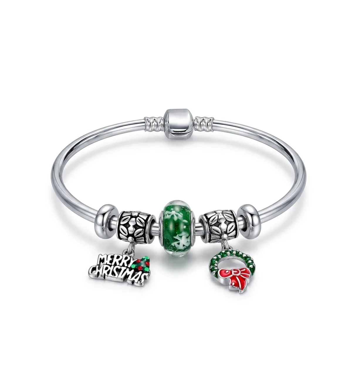 Sterling Silver Murano Glass Merry Christmas Snowflake Wreath Charm Bangle Bracelet by Bling Jewelry