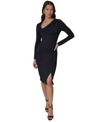 Long Sleeve Asymmetrical Neck Sheath Dress by Donna Karan New York