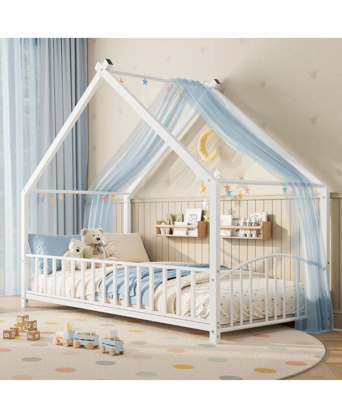 Twin Size Montessori Metal House Floor Bed Frame with Rail, Low-Profile Floor Bed Design with Roof, Diy Toddler Bed by Gaomon