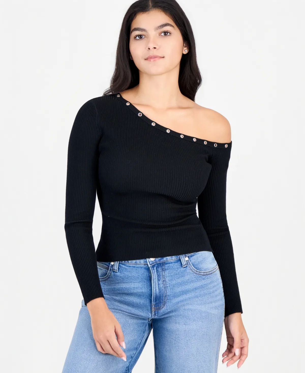Asym Neckline Grommet Ribbed Sweater by Sincerely Jules