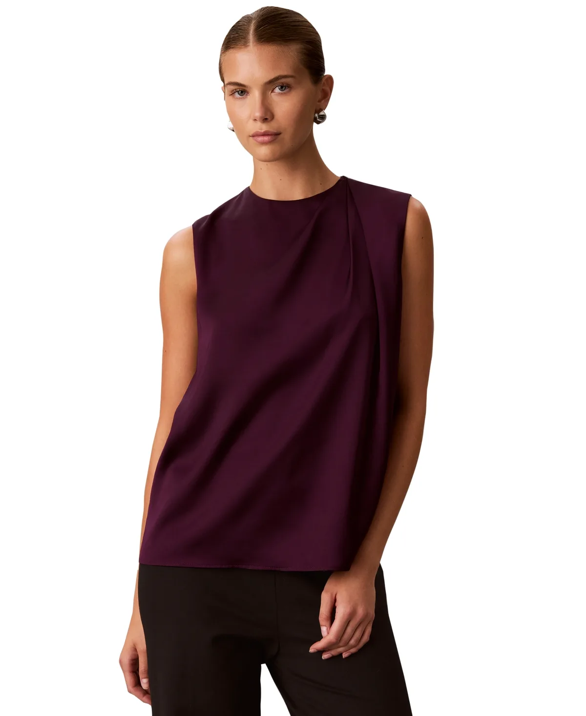 Sleeveless Satin Pleated-Crewneck Shell