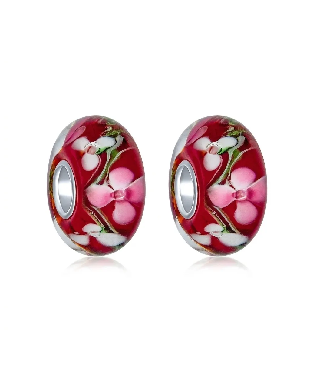 Sterling Silver Rhodium-Plated Murano Glass Cherry Blossom Charm Bead, 2-Piece Set by Bling Jewelry