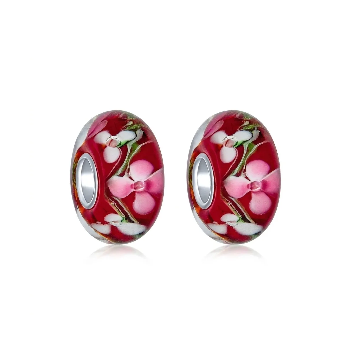 Sterling Silver Rhodium-Plated Murano Glass Cherry Blossom Charm Bead, 2-Piece Set by Bling Jewelry