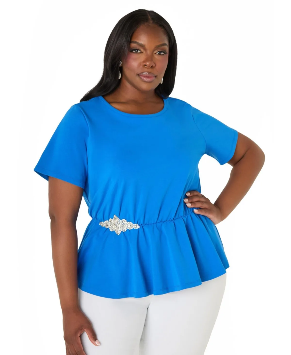 Crystal Appliqued Peplum Top by Ashley Stewart