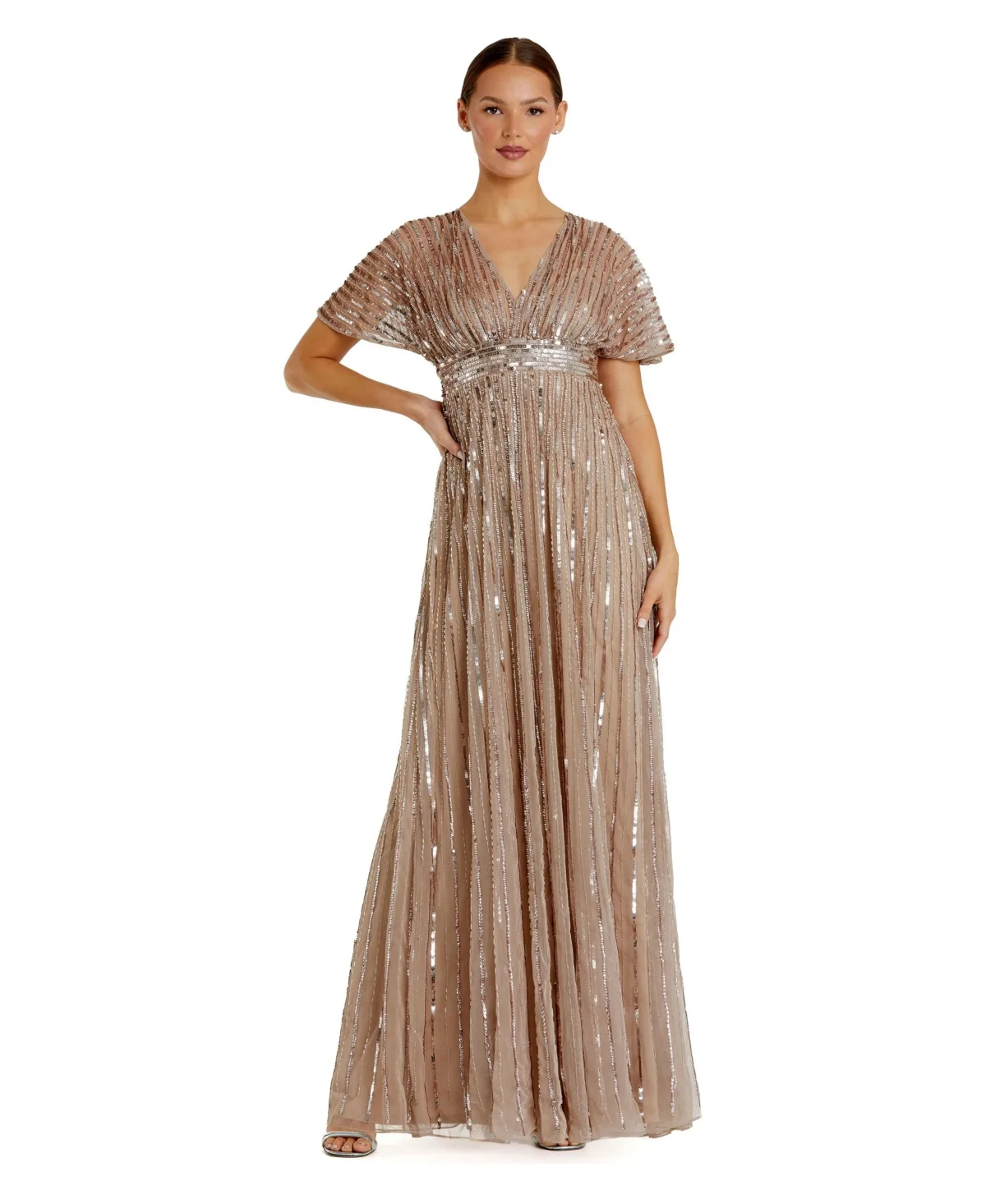 Mac Duggal Embellished Mesh V Neck Short Sleeve Gown by M.A.C.