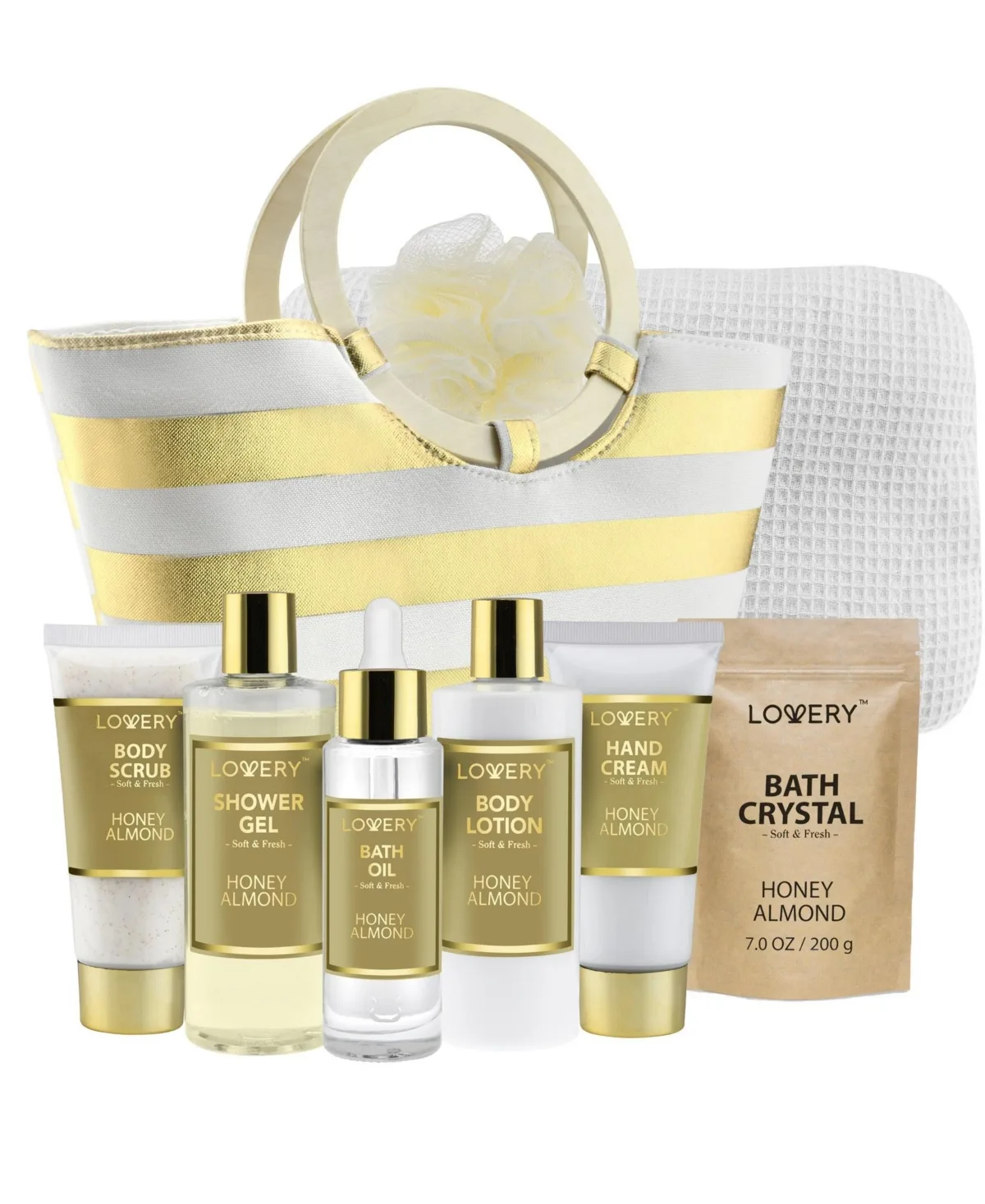 9 Piece Honey Almond Home Spa Set, Bath and Body Care Tote Bag Gift by Lovery