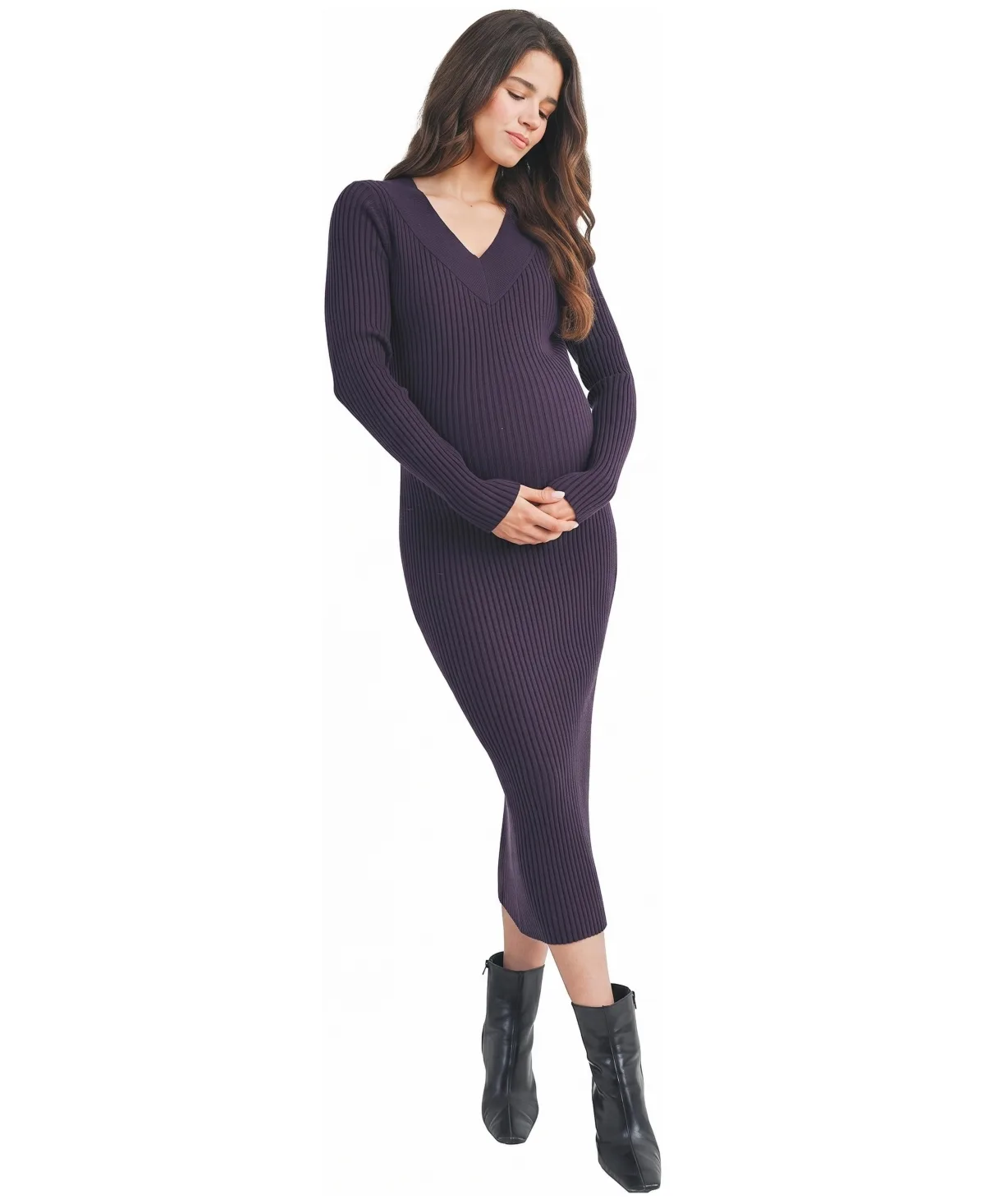 Ribbed V-Neck Long-Sleeve Sweater Dress