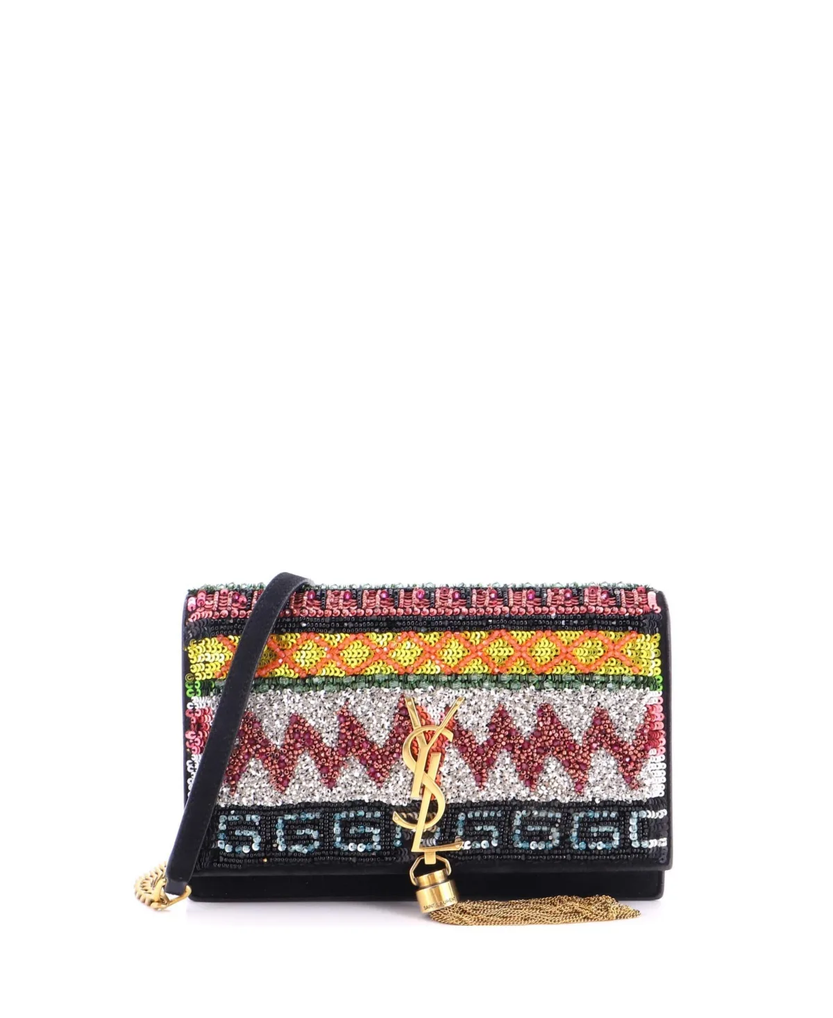 Pre-Owned Classic Monogram Tassel Crossbody Bag Sequin Embellished Suede by Saint Laurent