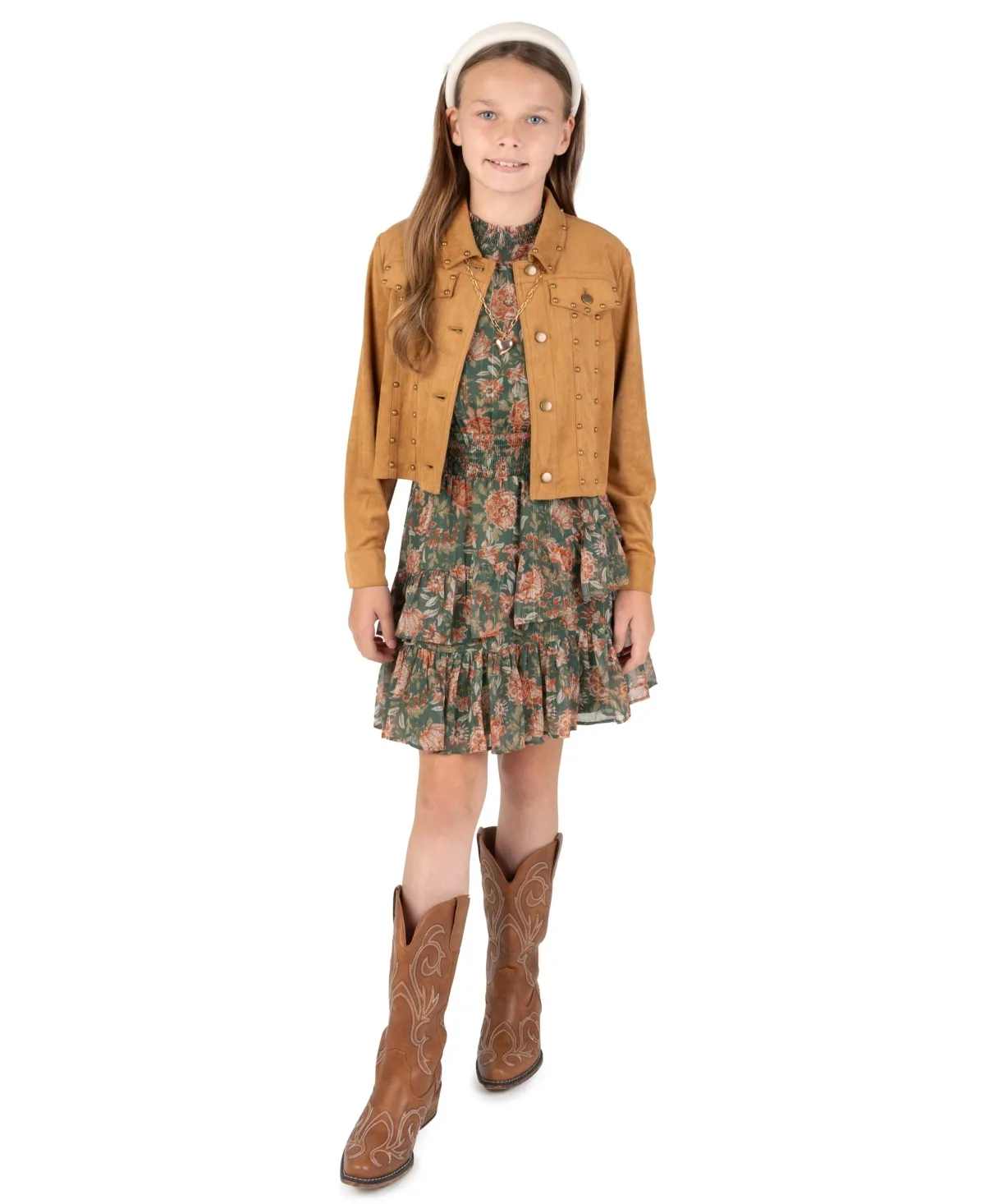 Floral-Print Tiered-Ruffle Dress with Faux Suede Jacket and Necklace, 3-Piece Set by Rare Editions