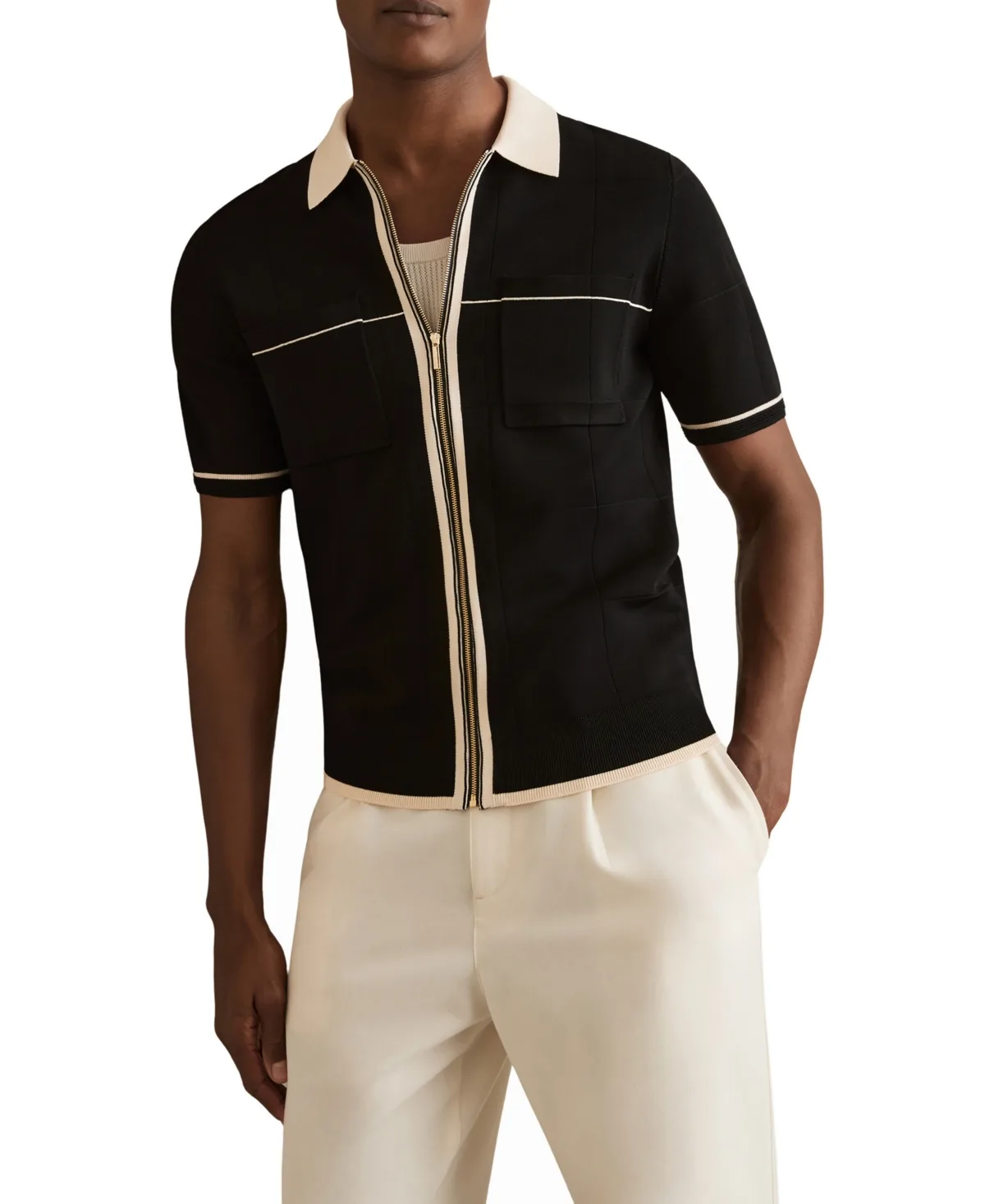 Baxter Slim-Fit Windowpane-Texture Zip-Through Short-Sleeve Polo Shirt - Stone by Reiss