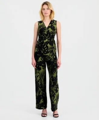 Printed Sleeveless Faux Wrap Top Printed High Rise Wide Leg Pants by Anne Klein
