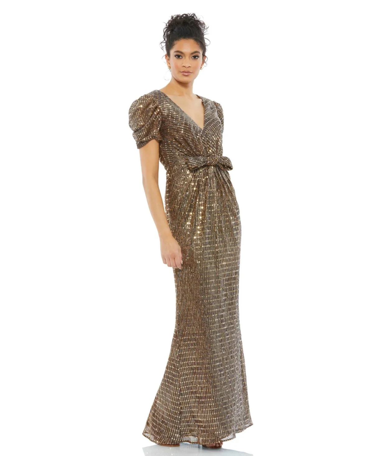 Mac Duggal Ieena Bow Waist Metallic Gown