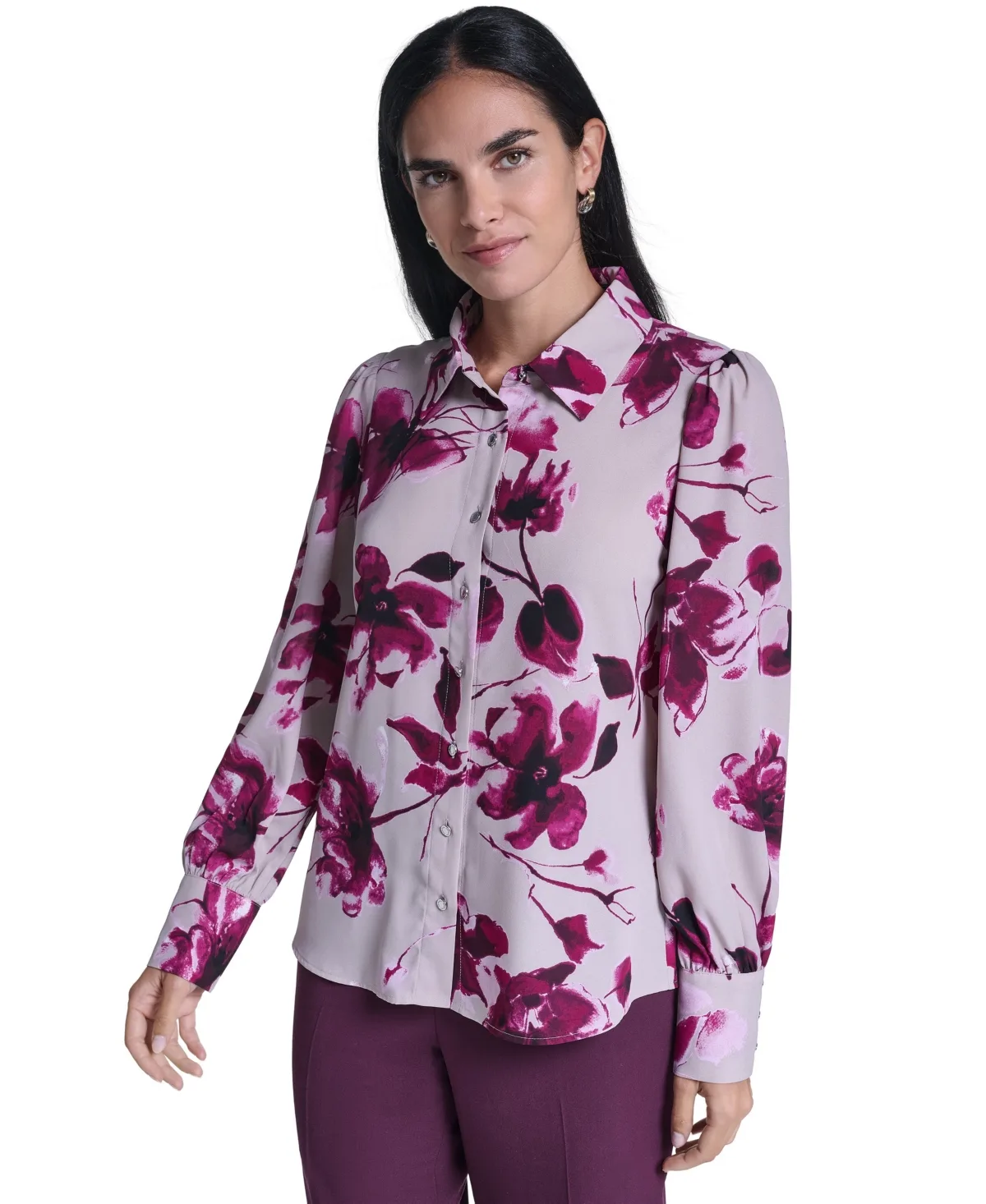 Lantern Sleeve Floral Point Collar Button-Down Blouse by Calvin Klein