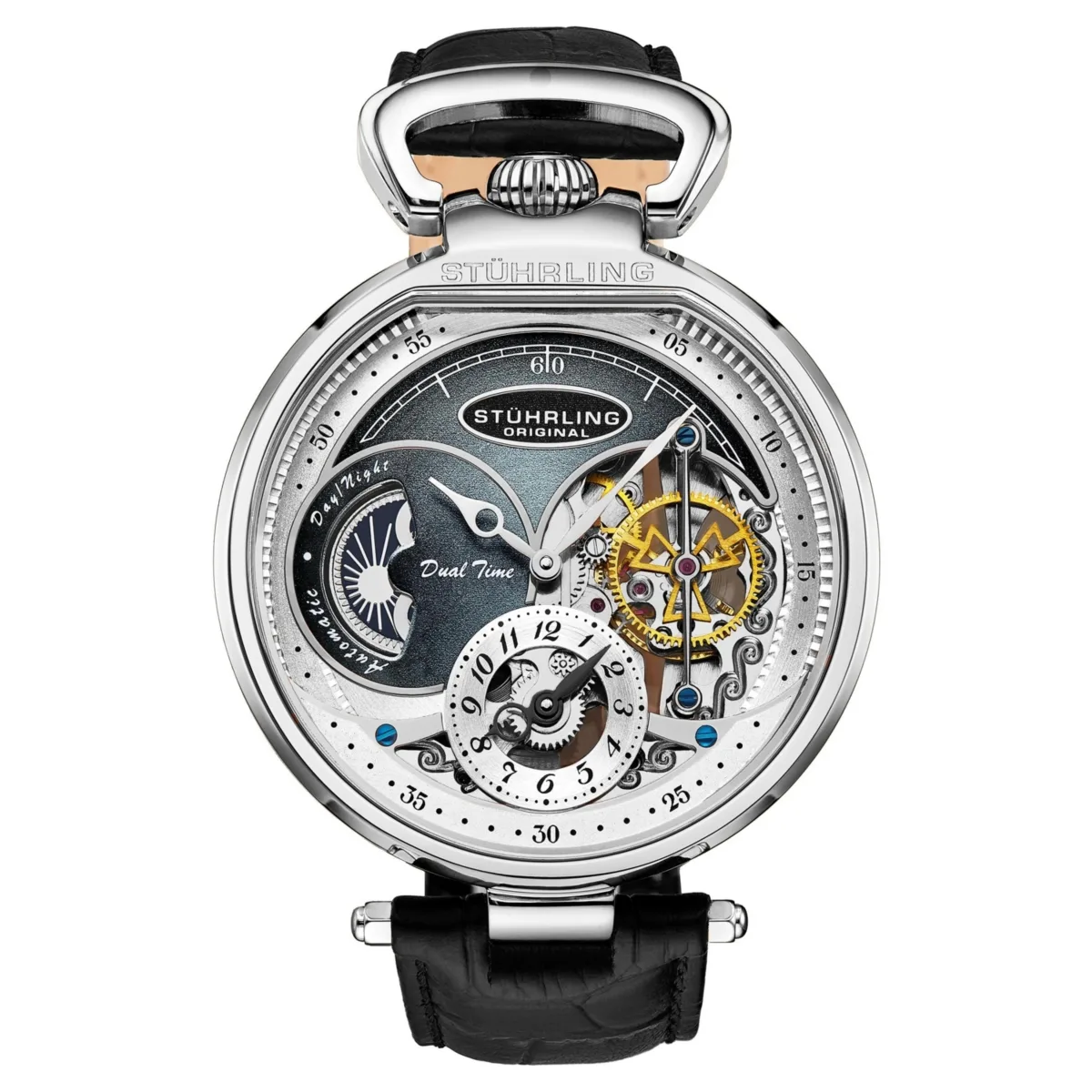 Automatic Dual Time Alloy Case Skeleton Dial Alligator Embossed Genuine Leather Strap Watch by Stuhrling