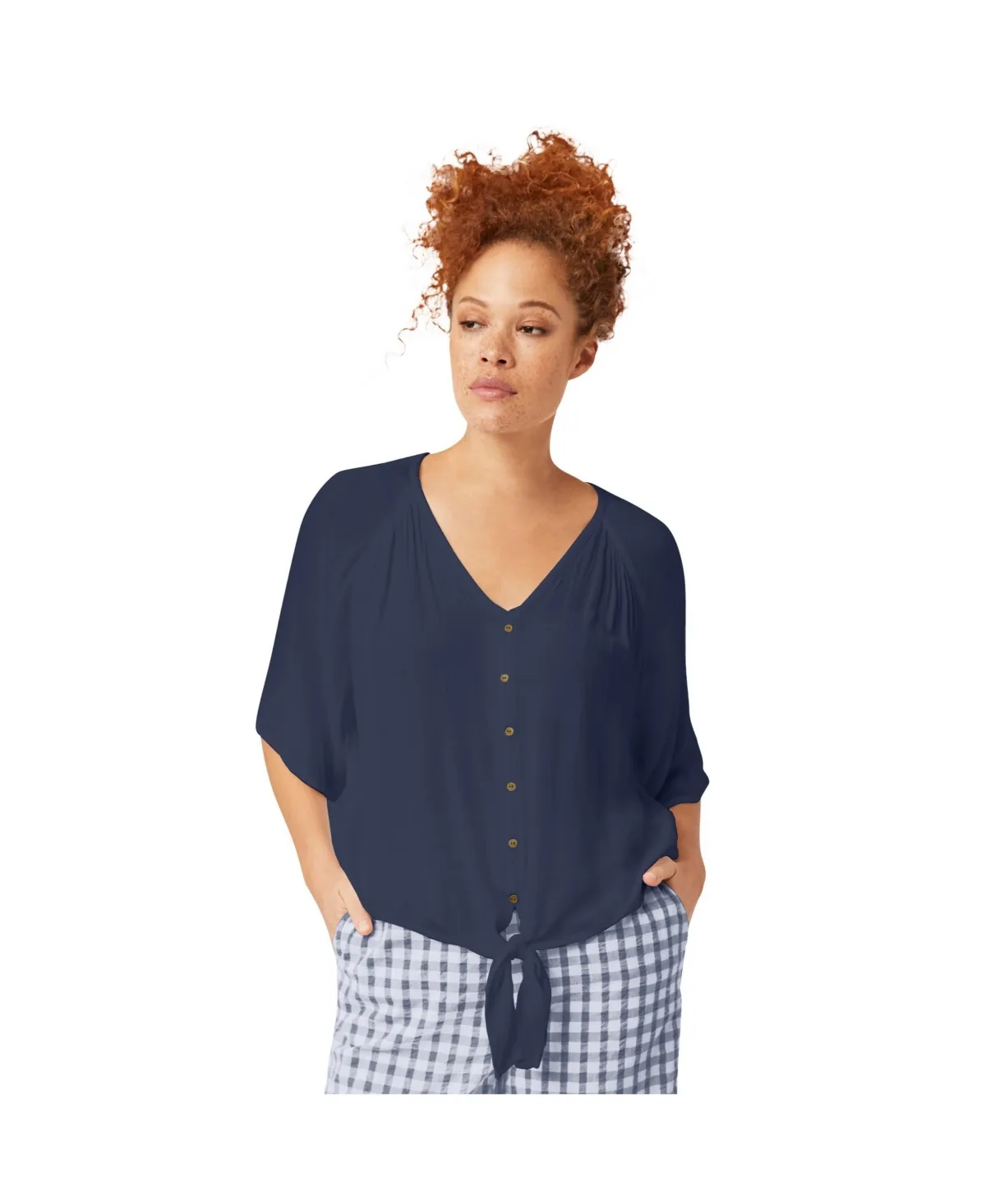 V-Neck Crinkle Tie-Front Elbow-Sleeve Blouse