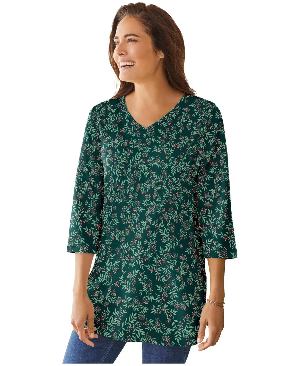 Perfect Printed Three-Quarter-Sleeve V-Neck Tunic by Woman Within