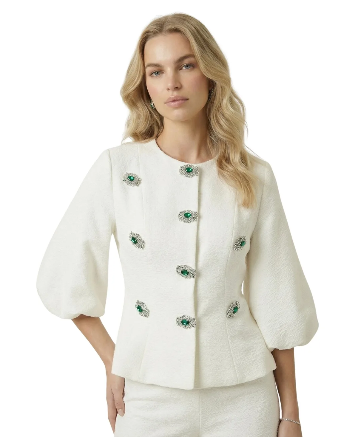 Embellished Puff-Sleeve Textured Jacket by Modenaire