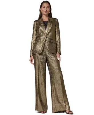 Statement Peak Lapel Velvet Blazer Wide Leg Pull on Metallic Pants by Donna Karan New York