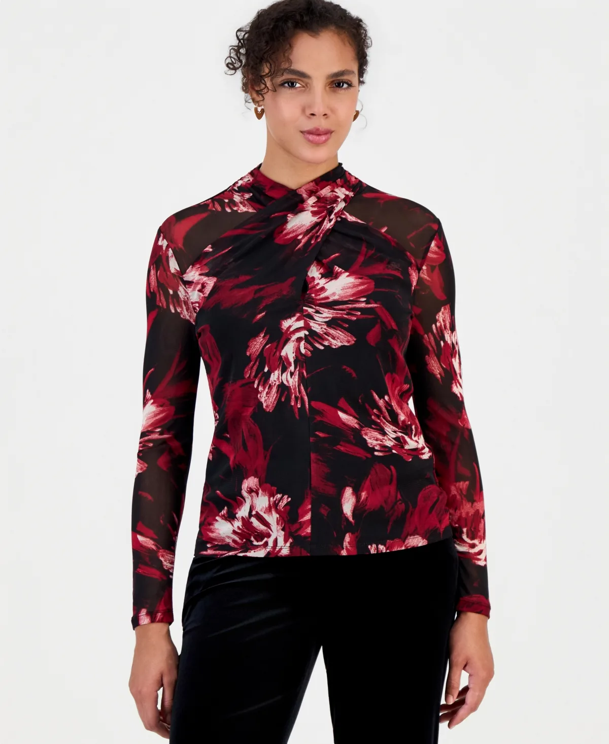 Floral-Print Mesh Long-Sleeve Blouse by Bar III