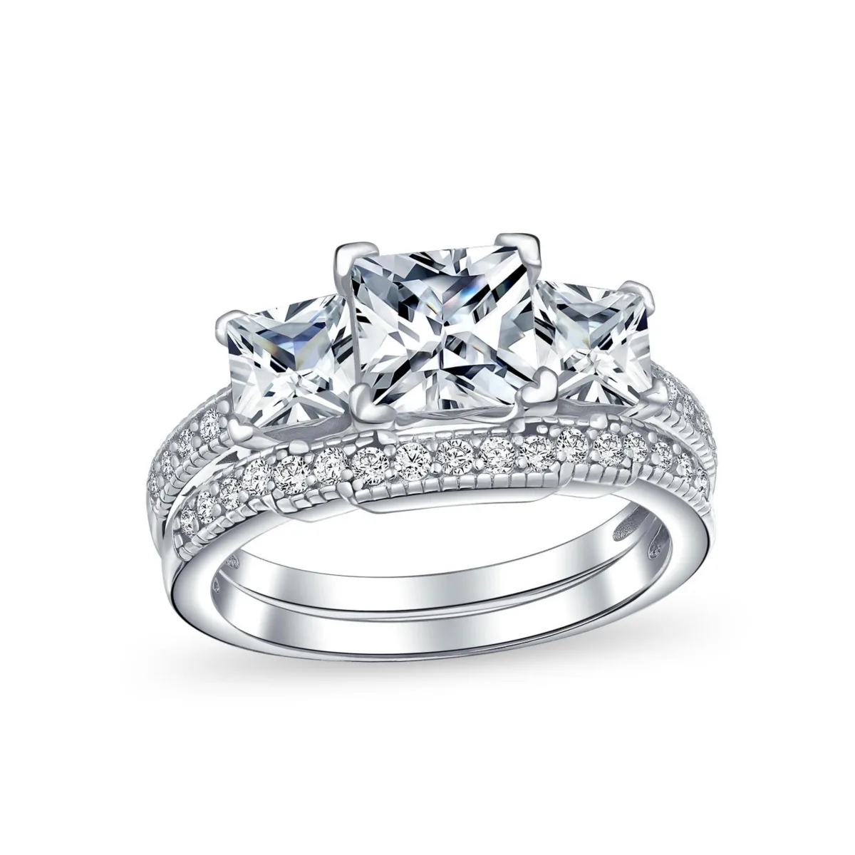 Classic 3CT Square Princess Cut Three Stone Past Present Future Cubic Zirconia Milgrain Promise Ring Band Set Sterling Silver by Bling Jewelry
